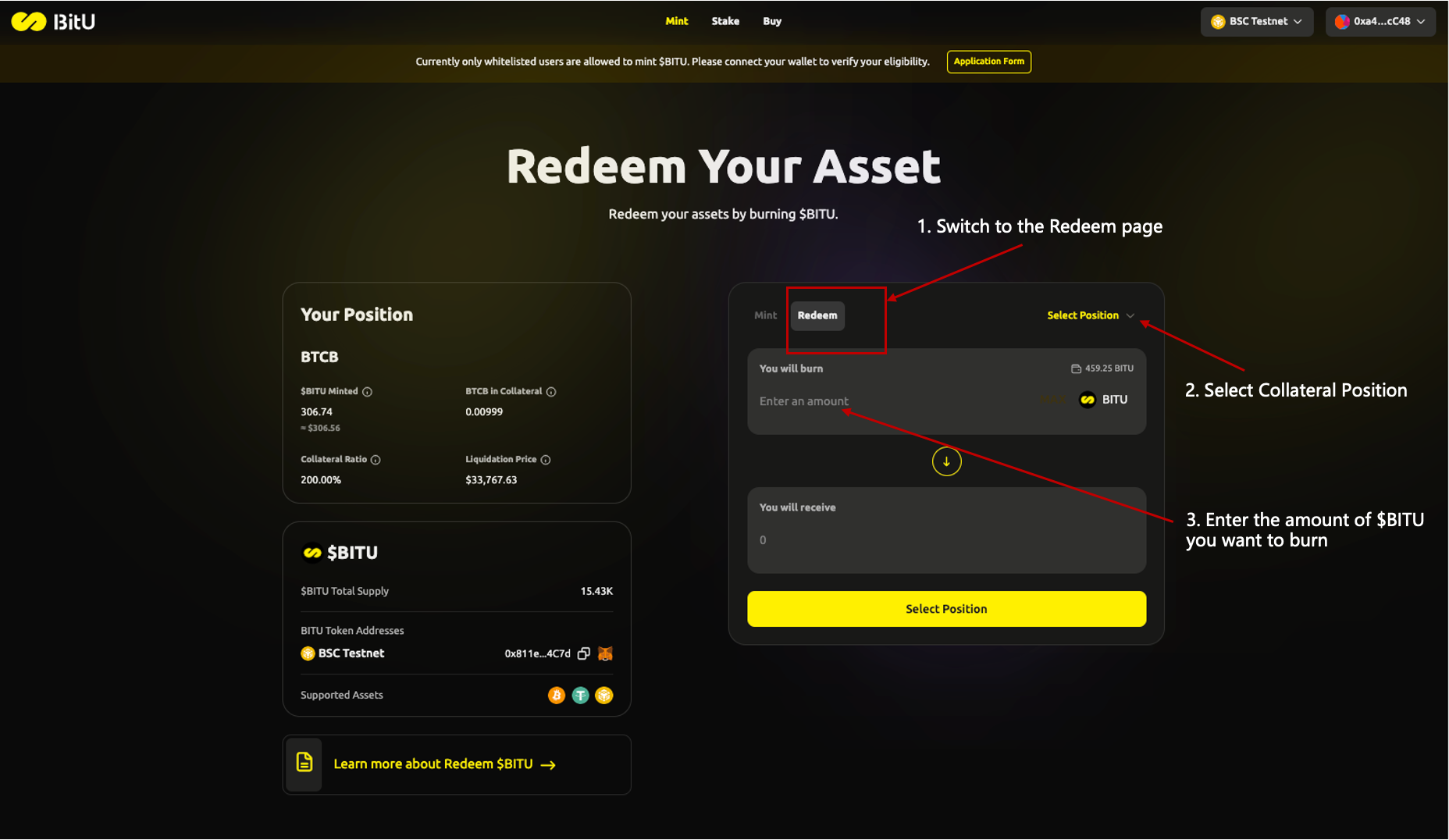 Redeem Your Asset by Burning BITU - Choose Your Position
